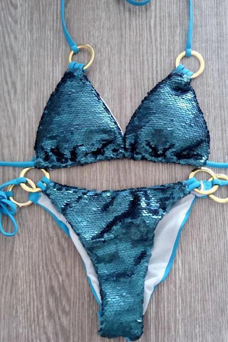 Womens Sequin Embellished Bikini Set With Ring Detail