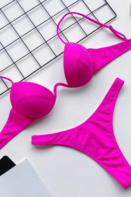 Womens Bright Pink Bikini Set Swimwear Beachwear