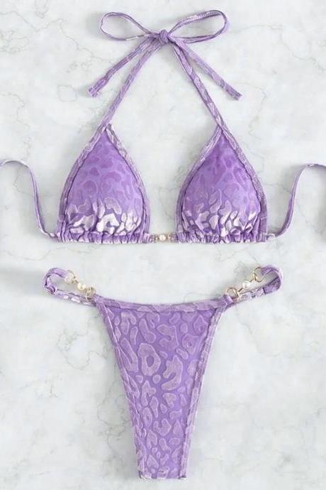 Womens Animal Print Purple Bikini Swimwear Set