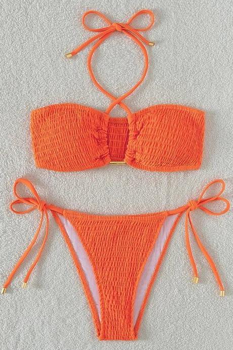 Womens Ribbed Orange Bikini Set With Tie Sides