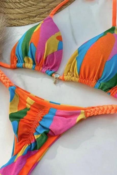 Vibrant Rainbow Braided String Bikini Swimwear Set