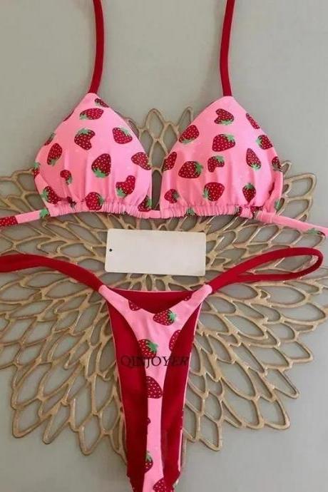 Womens Strawberry Print Bikini Set Swimwear Beachwear