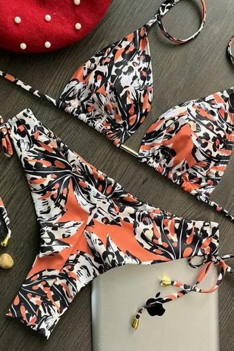 Womens Tropical Print Bikini Set With Ring Detail