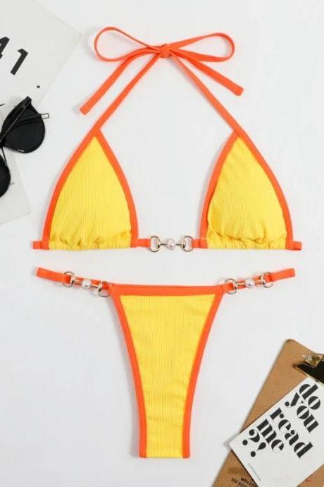 Womens Yellow And Orange Halter Top Bikini Set