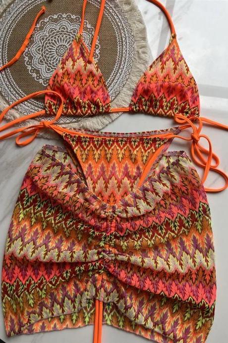 Bohemian Print Bikini Set With Matching Sarong Skirt