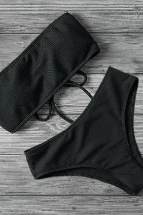 Womens Ribbed High-waisted Bikini Set Swimsuit Black