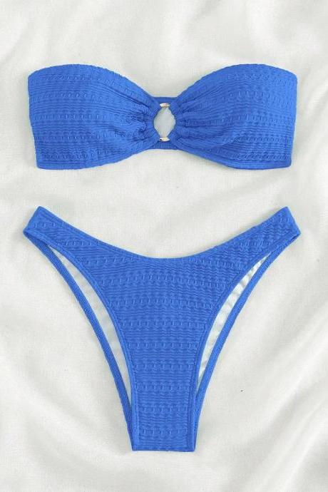 Womens Blue Textured Bandeau Bikini Set Swimwear