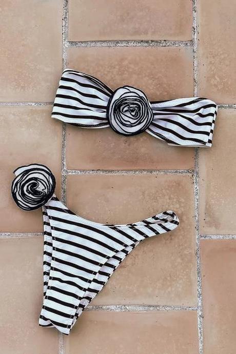 Womens Black And White Striped Bikini Set With Rose