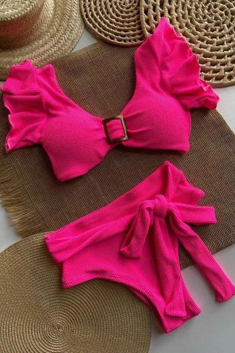 Womens Pink Ruched Bikini Set With Buckle Detail