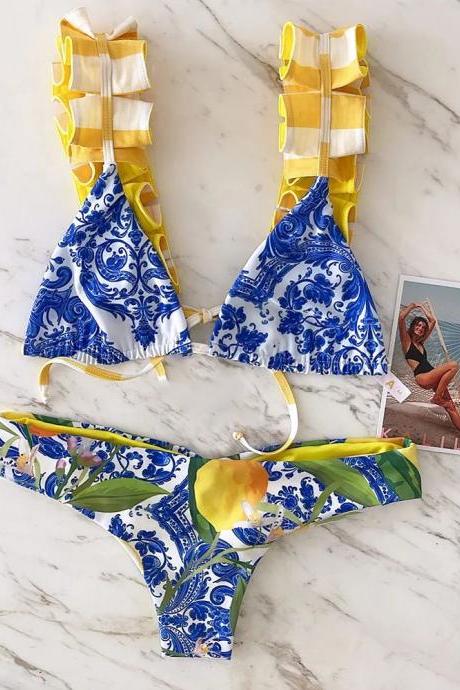 Floral Ruffled Straps Blue And Yellow Bikini Set