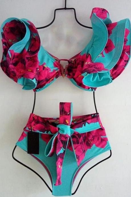Womens Floral Print Bikini Set With High-waisted Bottom