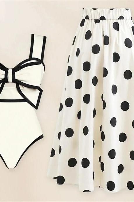 Polka Dot High-waisted Bikini And Maxi Skirt Set