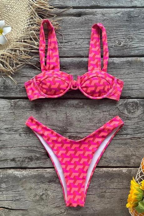 Womens Geometric Print Pink Bikini Set Swimwear