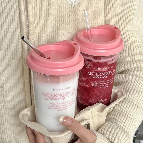 473ML Pink Letter Coffee Cup Transparent Plastic Drink Water Cup Accompanying Car Cup Mug Cup with Straw