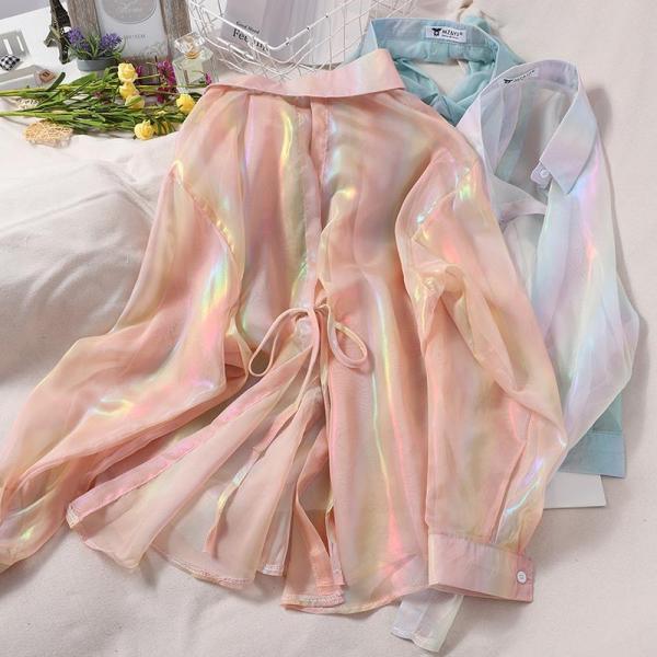  Transparent White Shirt Oversized Long Sleeve Top Pleated Blouse Solid Sparkles Fairycore Women Beach Tunic Korean Clothes