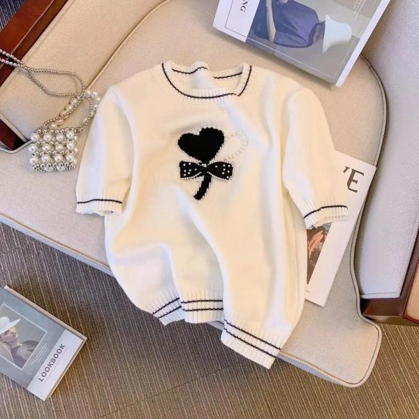 Summer Thin Knitted Pullovers Sweaters Women Bow Beading Embroidered Round Neck Knitwear Casual Fashion Korean Knit Tops Jumpers