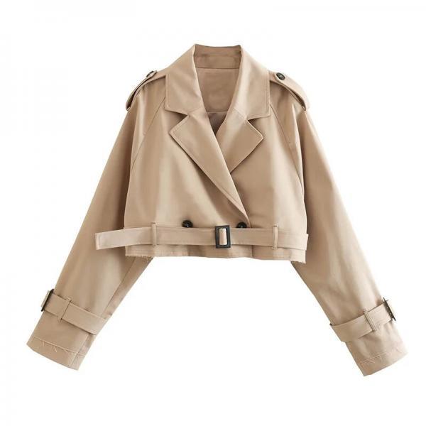 Khaki Cropped Trench Women Long Sleeves Fashion Design Jacket Chic Lady High Street Casual Loose Coats Top Female 