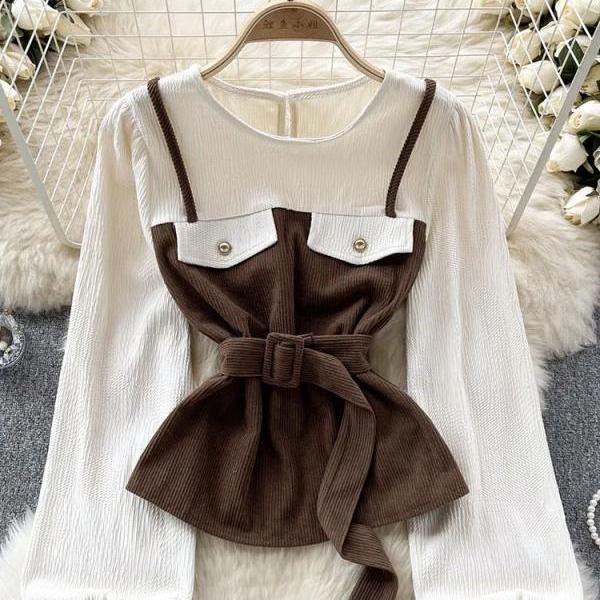 Classic Ribbed White Blouse with Contrast Brown Pinafore