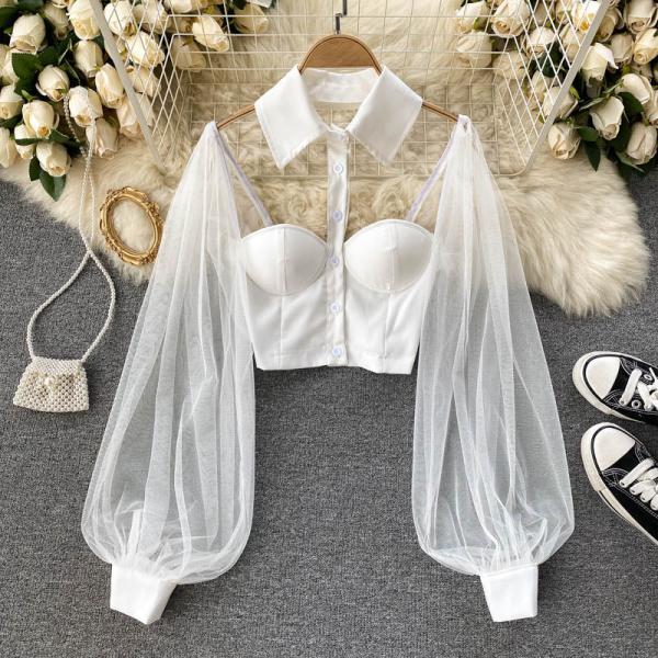 Chic White Top with Sheer Tulle Sleeves