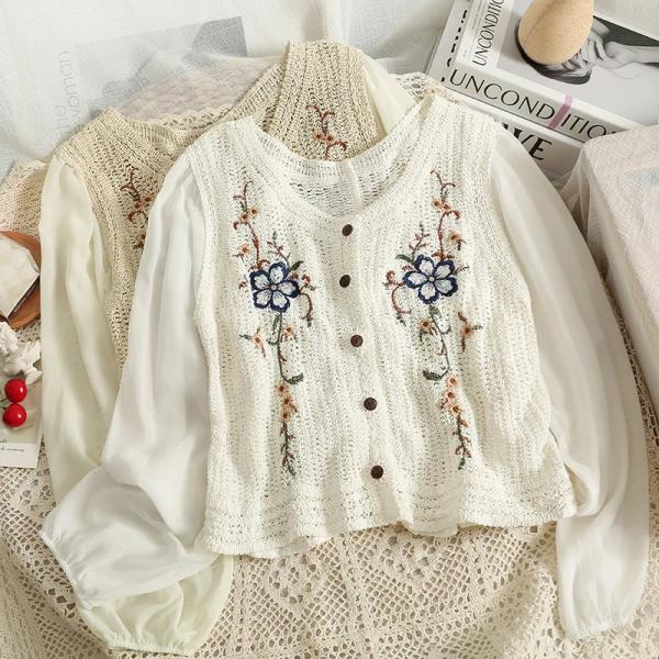 Bohemian Embroidered Knit Vest with Puff Sleeve Blouse