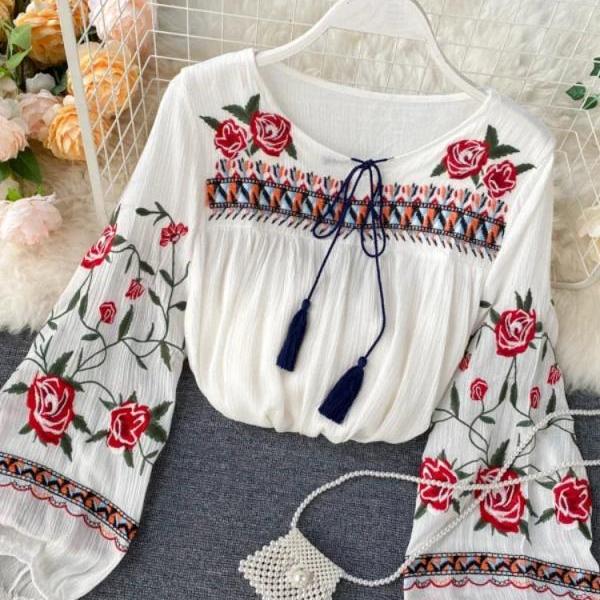 Bohemian Embroidered Long Sleeve Peasant Blouse with Tassels