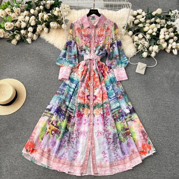 Womens Floral Print Belted Vintage A-Line Maxi Dress