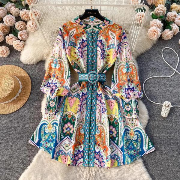 Bohemian Printed Belted Dress with Lantern Sleeves