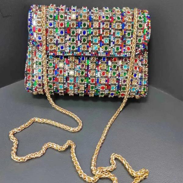 Multicolor Crystal Embellished Clutch Purse with Chain Strap