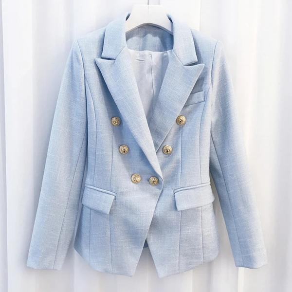 Womens Light Blue Double-Breasted Linen Blazer Jacket