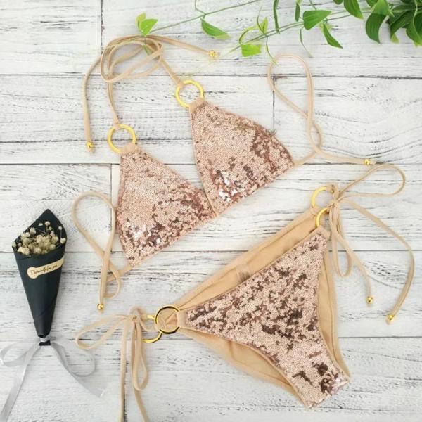 Womens Gold Sequin Bikini Set with Tie Sides
