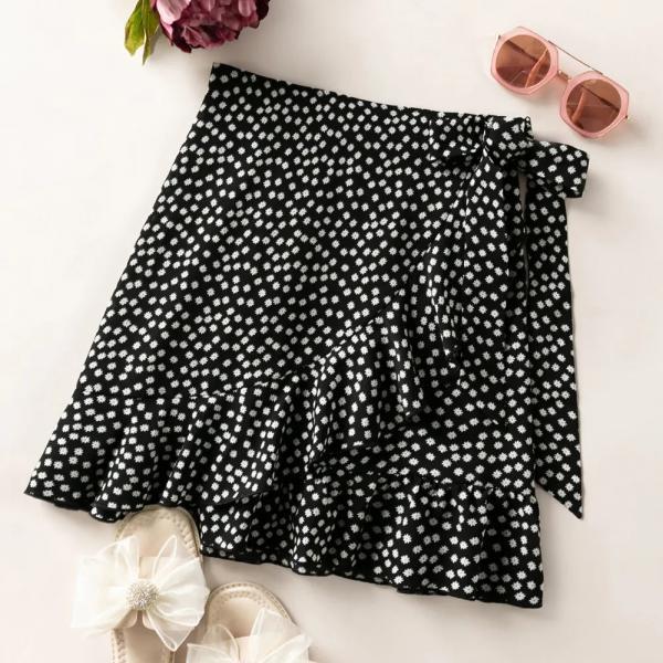 Womens Black Floral Print Ruffle Hem Wrap Skirt