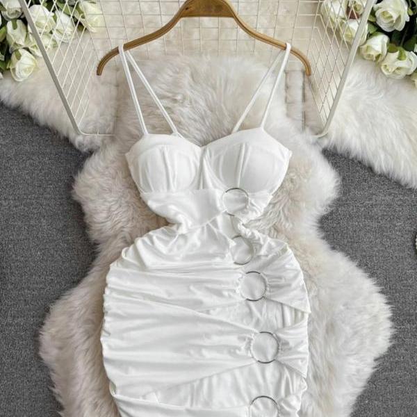 Elegant White Satin Corset Dress with Ring Details