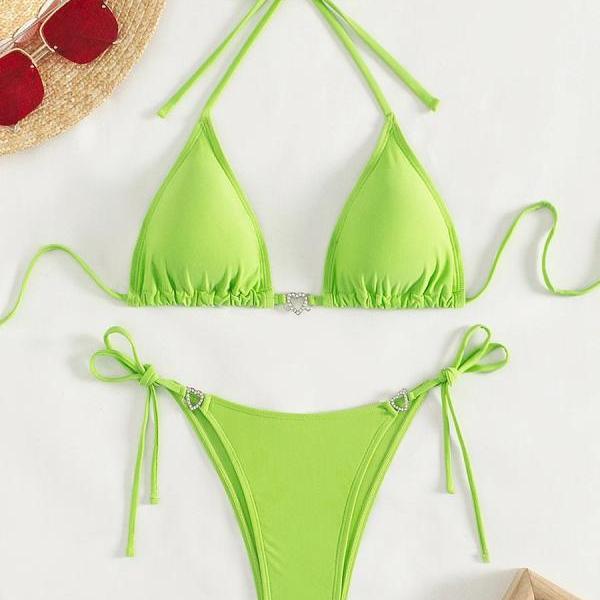 Womens Bright Green Tie-Top Bikini Swimwear Set