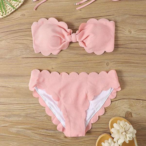 Womens Pink Scalloped Edge Two-Piece Swimsuit Set