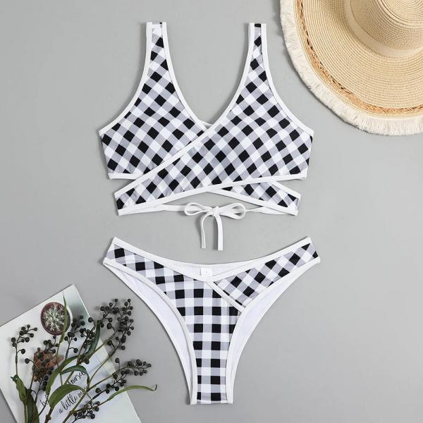 Womens Black and White Checkered Bikini Set Swimwear