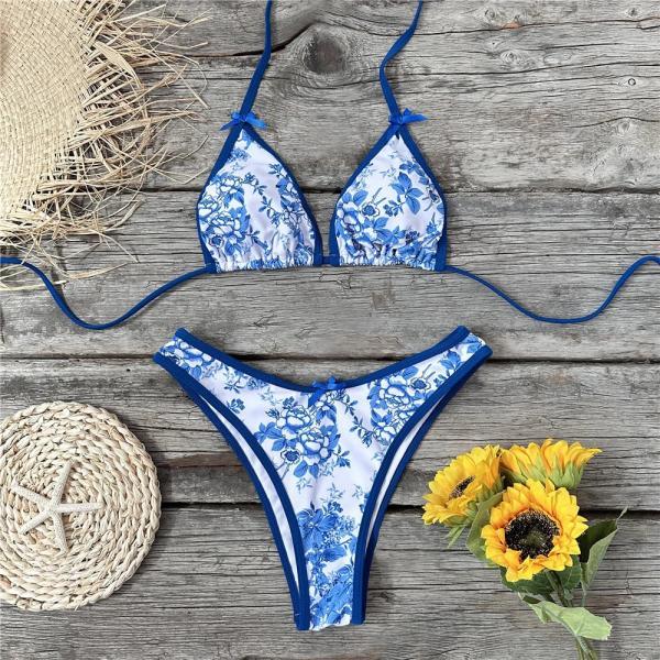 Floral Print Blue and White Bikini Swimwear Set