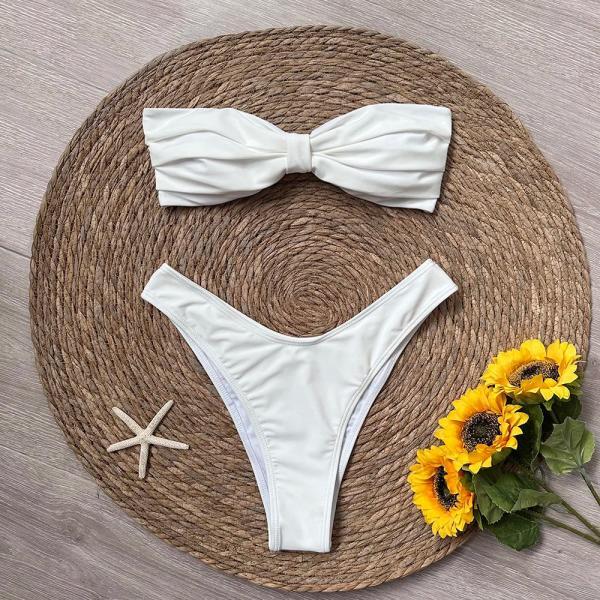 Womens White Bow Bandeau Bikini Set High-Waisted