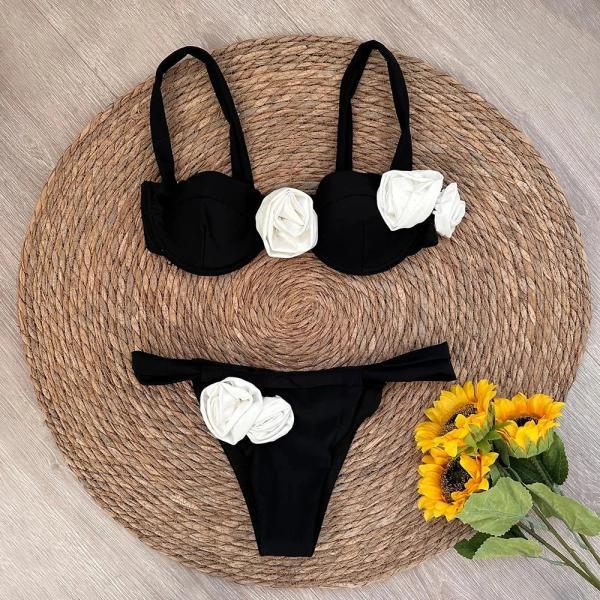 Womens Floral Accent Bikini Set Two-Piece Swimwear Black