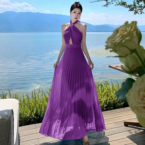 Elegant Purple Pleated Halter Maxi Dress on Luulla