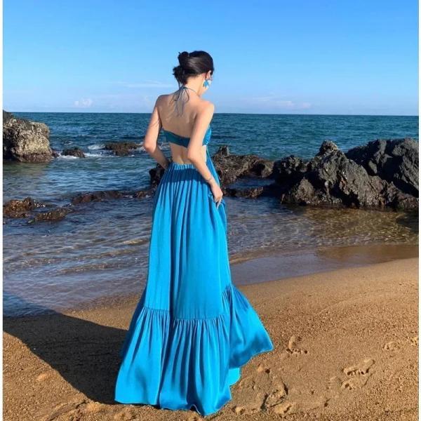 Elegant Blue Backless Beach Maxi Dress