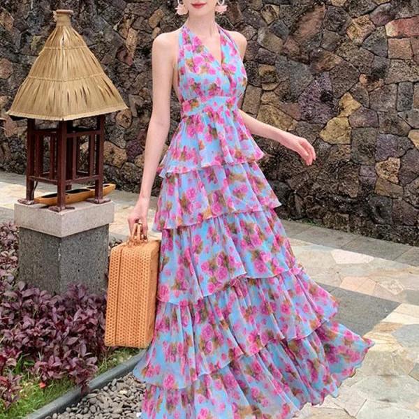 Floral Tiered Halter Maxi Dress Summer Fashion