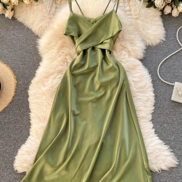 slip dress olive green Reiss Satin Drape-Detail Slip Dress in Sage