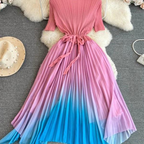 Polka Dot Ruffled Long Sleeve Pleated Maxi Dress