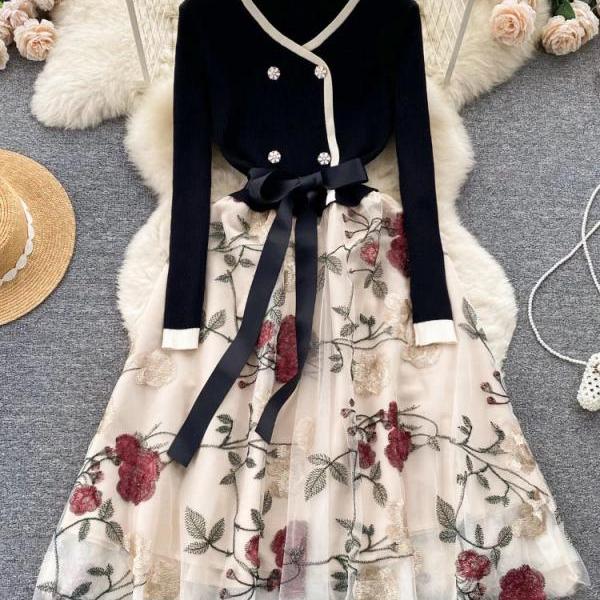 2 piece embroidered dress Women's Solid Embroidery Two-Piece Dress Set