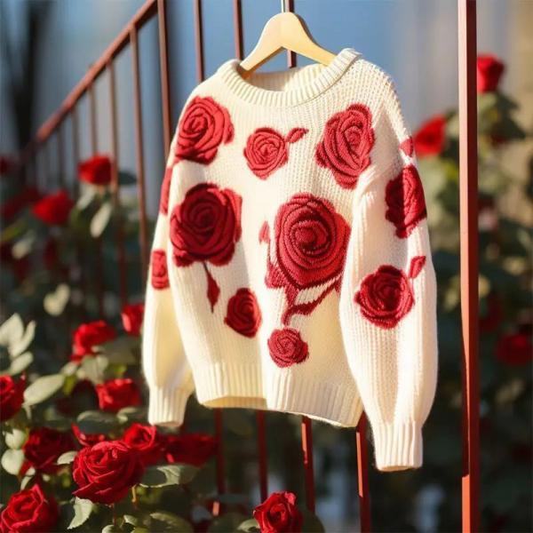 Cozy Knit Sweater With Red Rose Design on Luulla