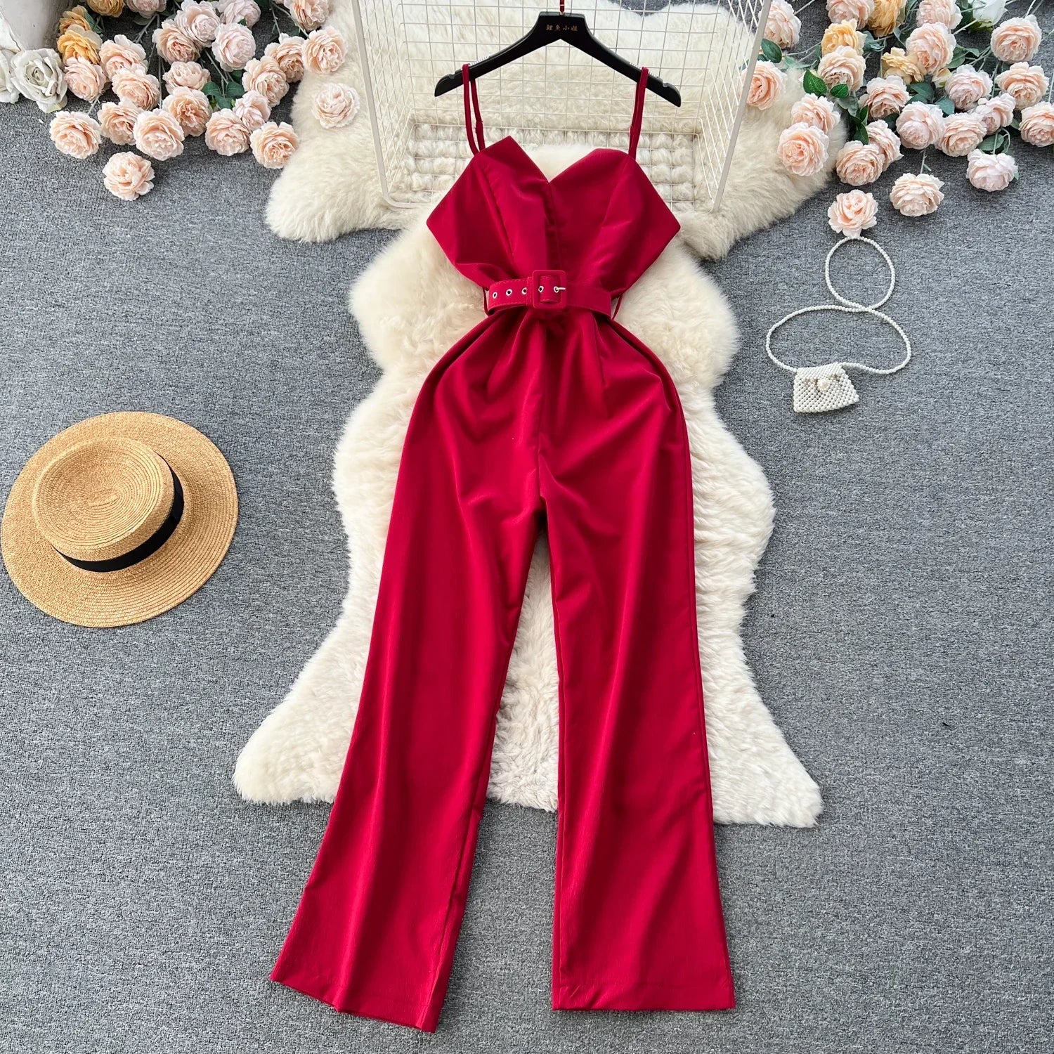 Classy Red Collar Jumpsuit With Belt