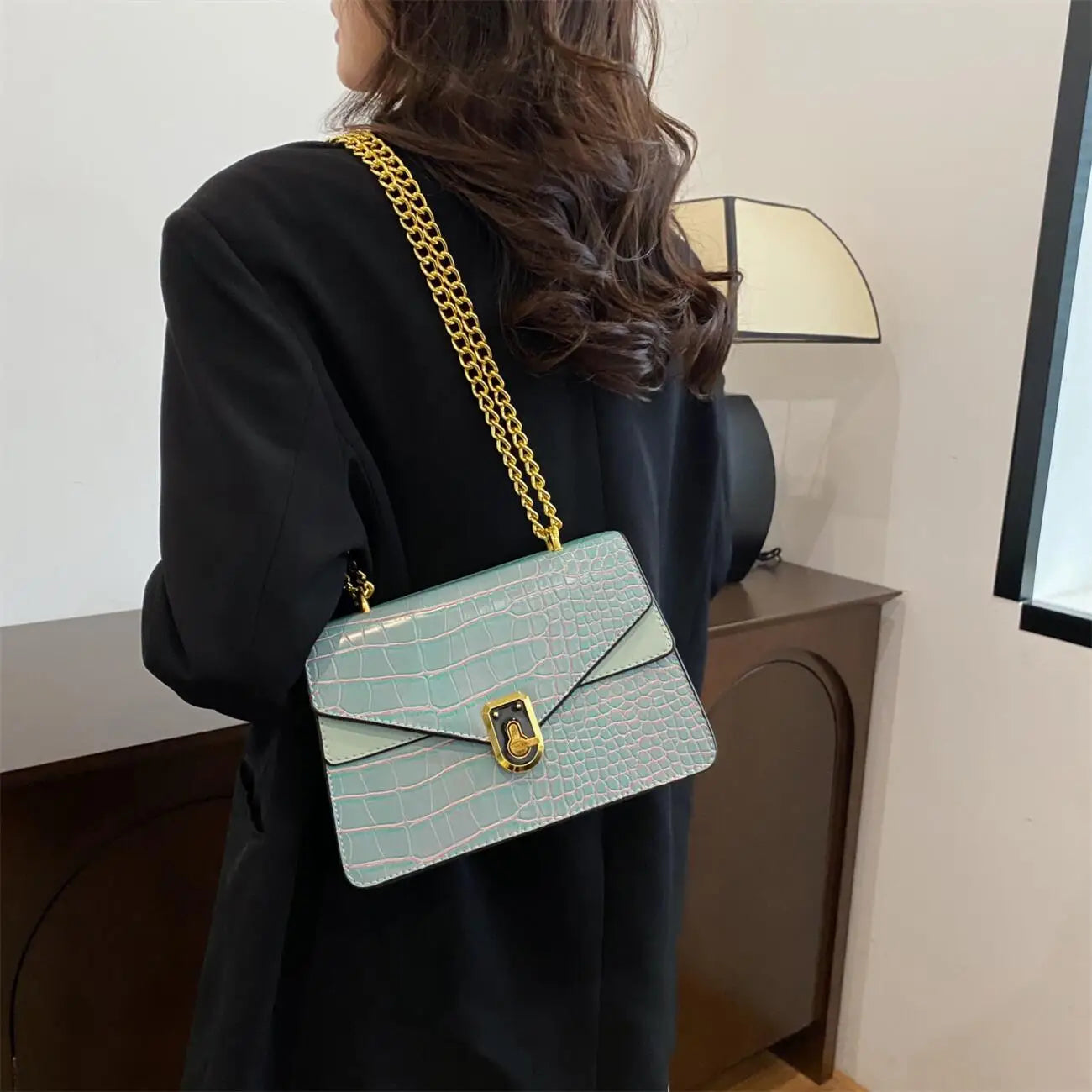 Slim Croc Suede Dual Chain Shoulder Bag - Blue