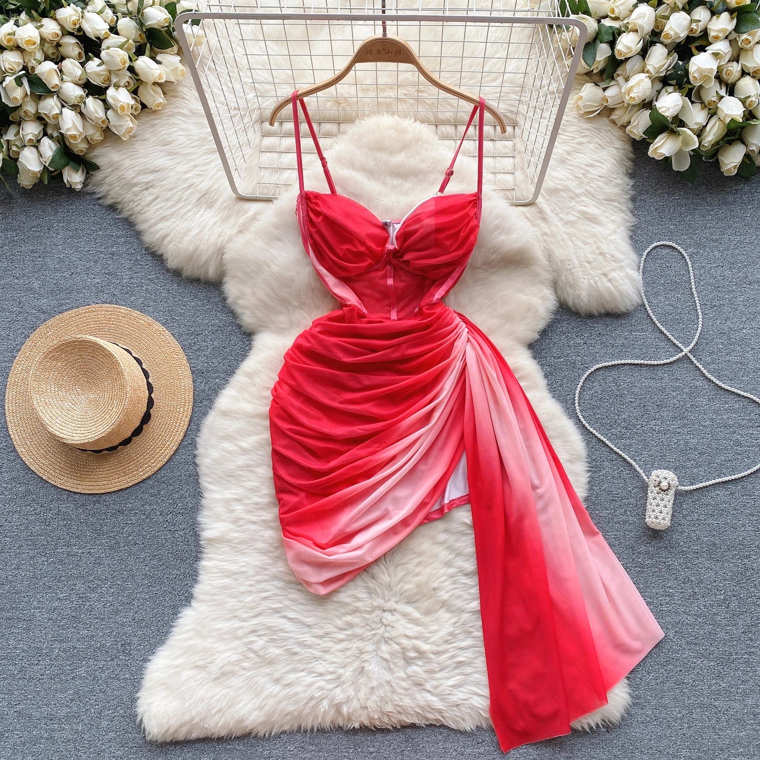 Elegant Red Satin Draped Evening Gown With Scarf on Luulla