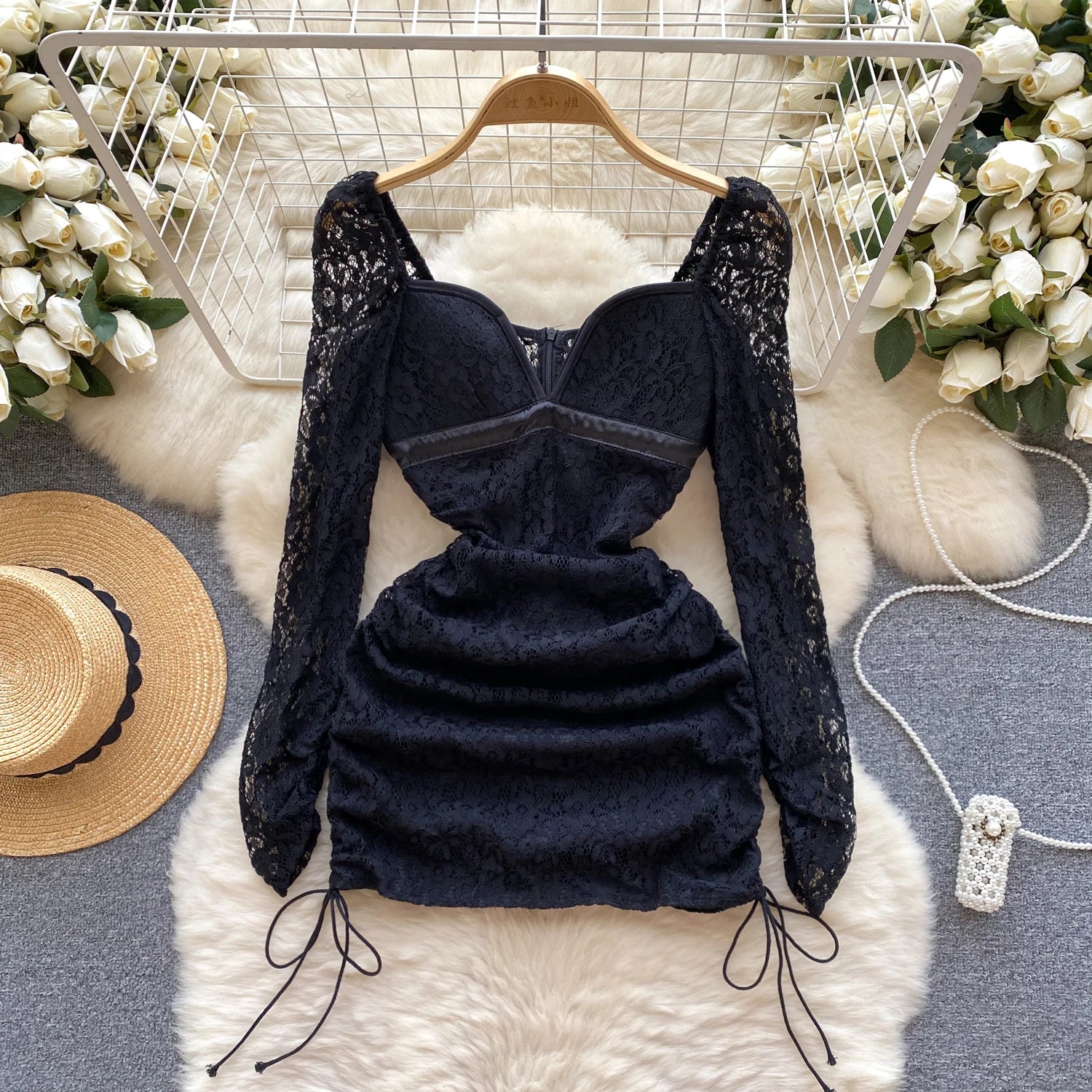 Elegant Lace Bodice Black Cocktail Dress With Sleeves on Luulla