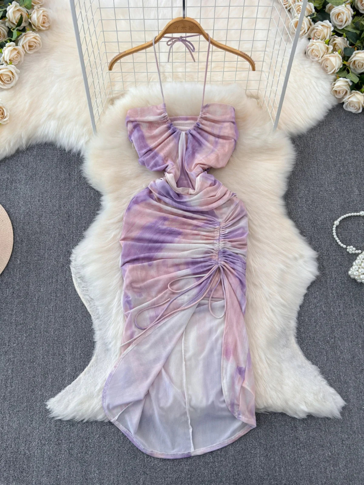 Fashionable Tie-dye Halter Neck Backless Loose Vacation Maxi Dress main image 1